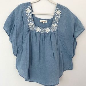 Women's Madewell Denim Linen Butterfly Sleeve Embroidered Blouse L